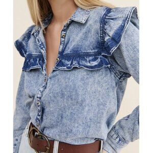 Free People Samantha Ruffle Button Down Denim Shirt Size Small
